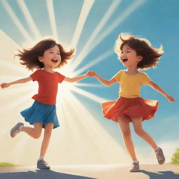 Illustration of a boy and a girl joyfully twirling under the sunlight, endowed with a cartoon poster effect.