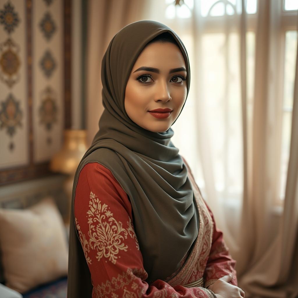 A Muslim woman, with elegant features and a serene expression, posed gracefully