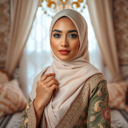 A Muslim woman, with elegant features and a serene expression, posed gracefully