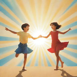 Illustration of a boy and a girl joyfully twirling under the sunlight, endowed with a cartoon poster effect.