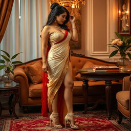 a voluptuous Thai woman with an alluring presence, dressed in a seductive mekhela chadar in a captivating combination of cream, golden, and red colors, complemented by stylish high heels