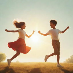 Illustration of a boy and a girl joyfully twirling under the sunlight, endowed with a cartoon poster effect.