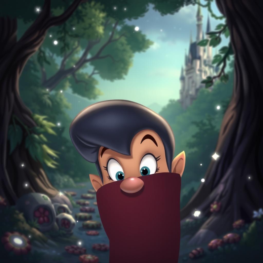 A whimsical Disney-inspired scene featuring a secretive expression on the face of a beloved animated character