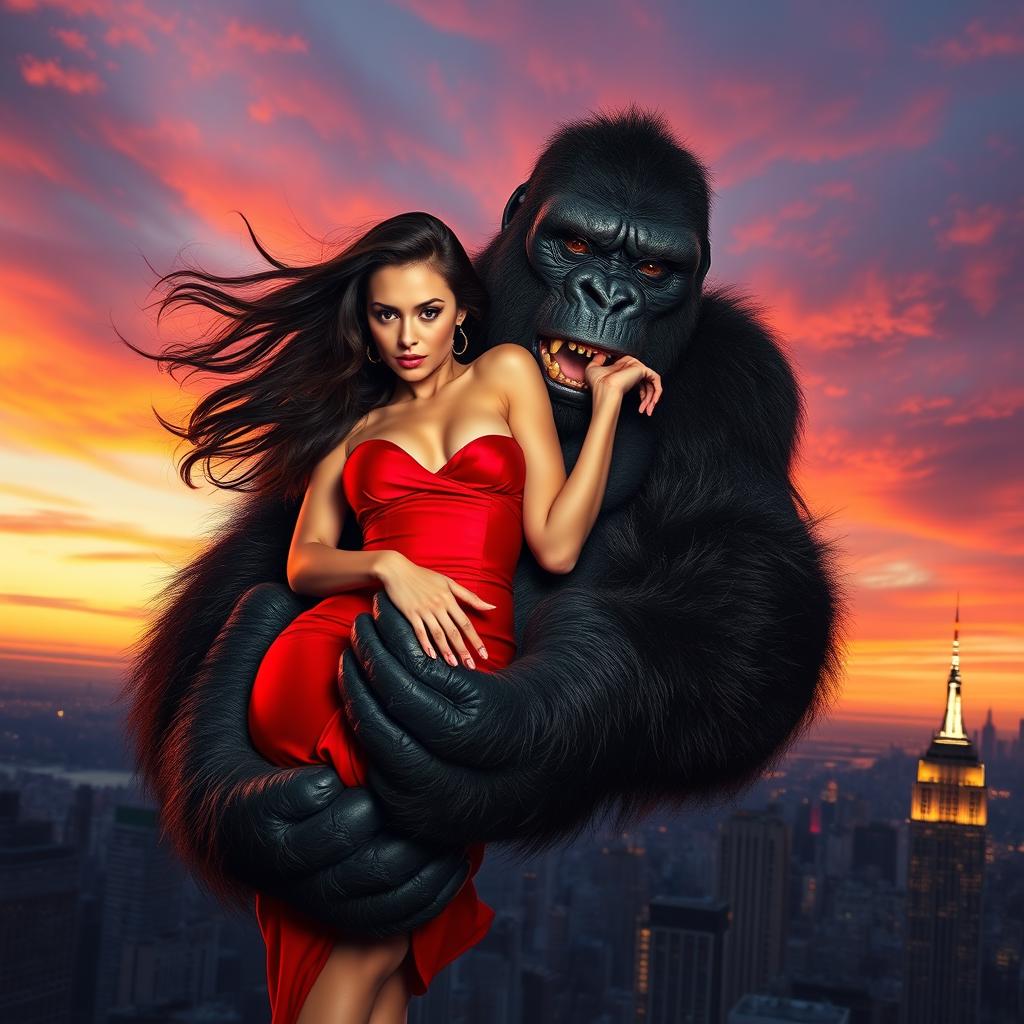 a sexy woman with flowing hair and an alluring expression is gently held in the enormous hand of King Kong