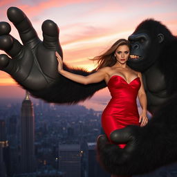 a sexy woman with flowing hair and an alluring expression is gently held in the enormous hand of King Kong