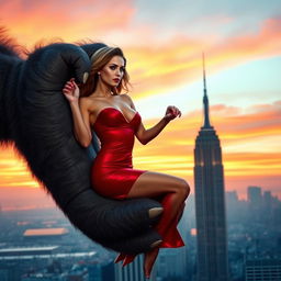 a sexy woman with flowing hair and an alluring expression is gently held in the enormous hand of King Kong