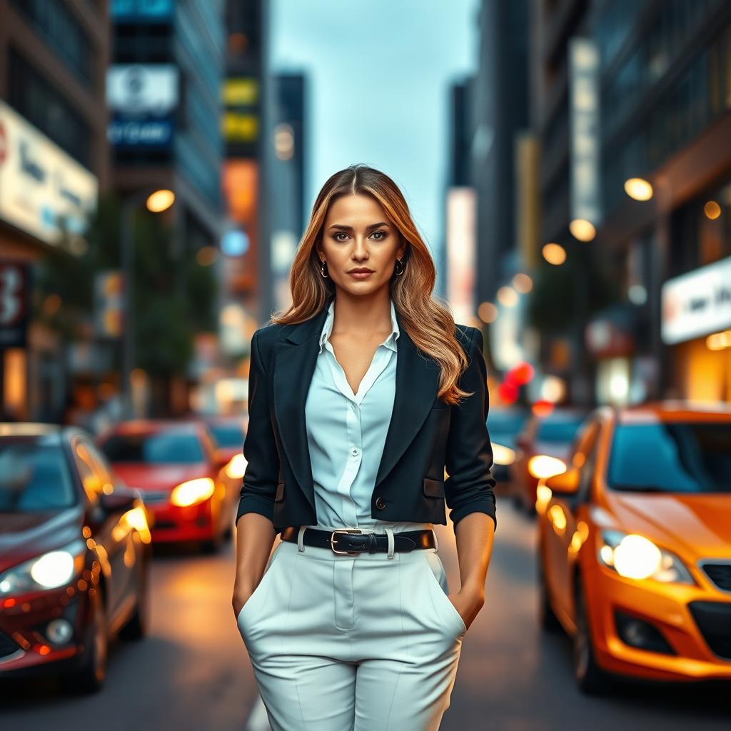 A sophisticated and elegant elite lady standing alone on a bustling city street