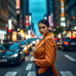 A sophisticated and elegant elite lady standing alone on a bustling city street