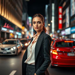 A sophisticated and elegant elite lady standing alone on a bustling city street