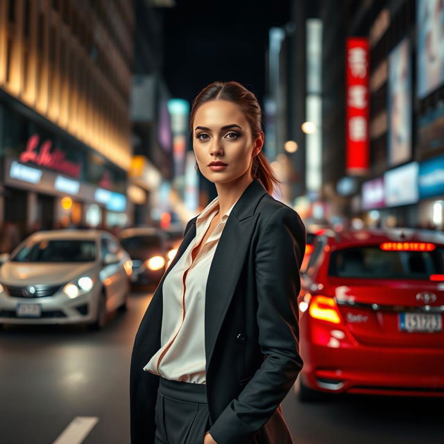 A sophisticated and elegant elite lady standing alone on a bustling city street