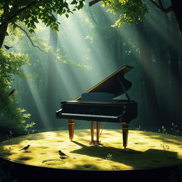 A serene and tranquil scene depicting a grand piano on a stage in the middle of a lush green forest