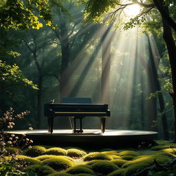 A serene and tranquil scene depicting a grand piano on a stage in the middle of a lush green forest