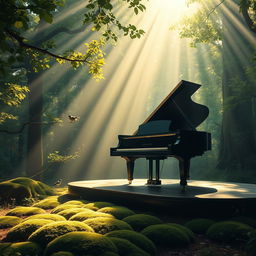 A serene and tranquil scene depicting a grand piano on a stage in the middle of a lush green forest