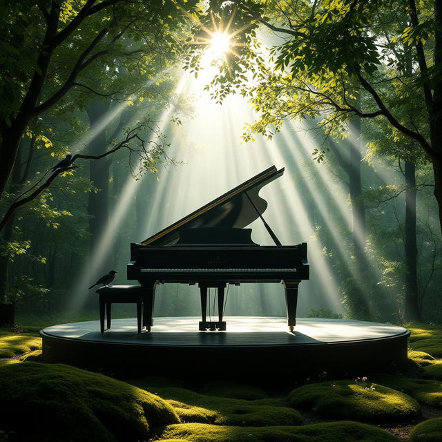 A serene and tranquil scene depicting a grand piano on a stage in the middle of a lush green forest