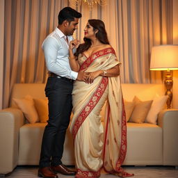 a voluptuous and alluring Thai woman dressed in a seductive mekhela chadar in a captivating combination of cream, golden, and red colors, paired with stylish high heels