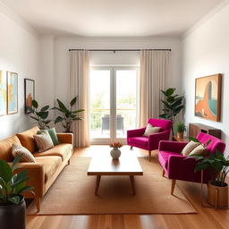 A midcentury modern apartment living room with crisp white walls and a spacious feel