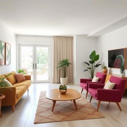 A midcentury modern apartment living room with crisp white walls and a spacious feel