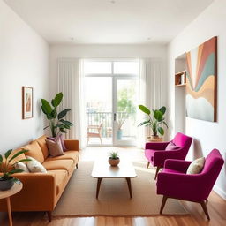 A midcentury modern apartment living room with crisp white walls and a spacious feel