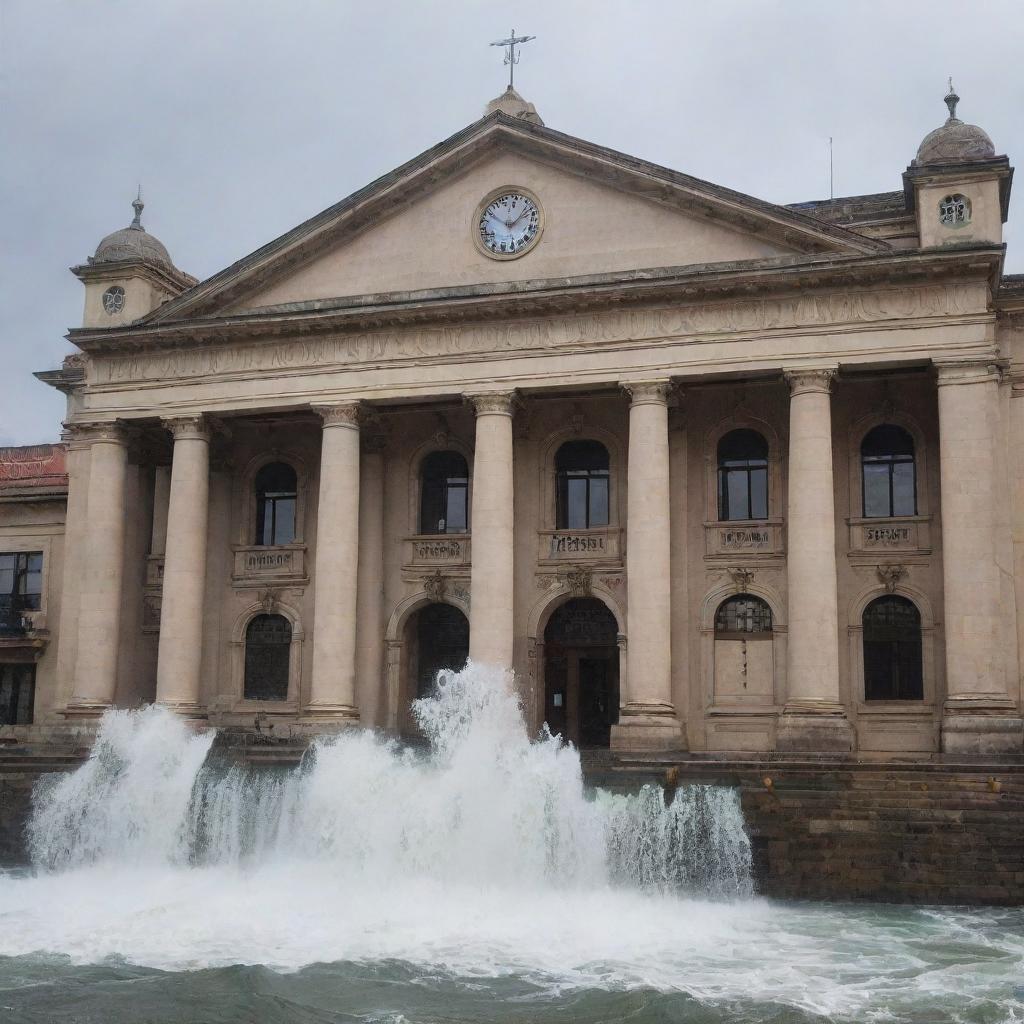 A majestic municipal hall with waves of water beautifully cascading over its historic architecture.