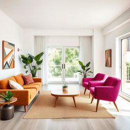 A midcentury modern apartment living room with crisp white walls and a spacious feel