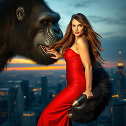 A sexy woman in a glamorous red dress is being gently held by King Kong in his giant hand