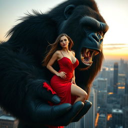 A sexy woman in a glamorous red dress is being gently held by King Kong in his giant hand