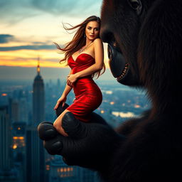 A sexy woman in a glamorous red dress is being gently held by King Kong in his giant hand