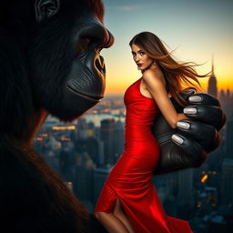 A sexy woman in a glamorous red dress is being gently held by King Kong in his giant hand