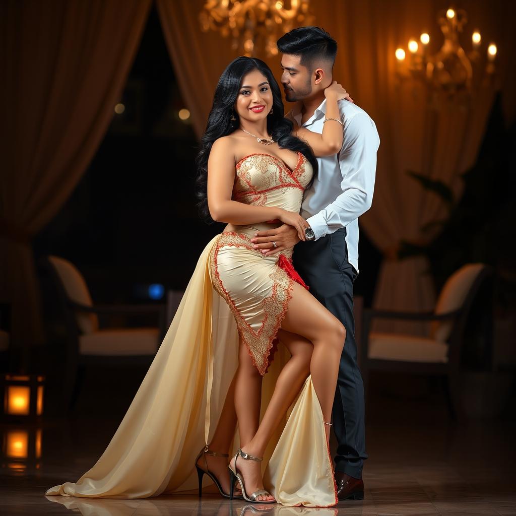 a voluptuous and alluring Thai woman, possessing a captivating figure, dressed in a seductive mekhela chadar featuring a stunning combination of cream, golden, and red colors, paired with stylish high heels