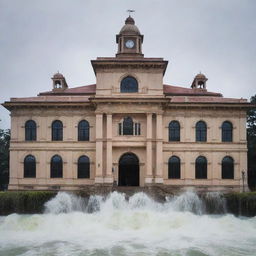 A majestic municipal hall with waves of water beautifully cascading over its historic architecture.