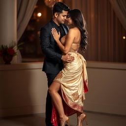 a voluptuous and alluring Thai woman, possessing a captivating figure, dressed in a seductive mekhela chadar featuring a stunning combination of cream, golden, and red colors, paired with stylish high heels