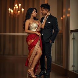 a voluptuous and alluring Thai woman, possessing a captivating figure, dressed in a seductive mekhela chadar featuring a stunning combination of cream, golden, and red colors, paired with stylish high heels