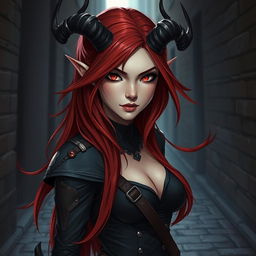 A captivating tiefling rogue female character with striking features