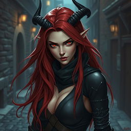 A captivating tiefling rogue female character with striking features