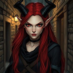 A captivating tiefling rogue female character with striking features