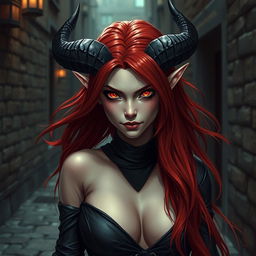 A captivating tiefling rogue female character with striking features