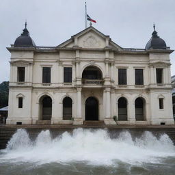 A majestic municipal hall with waves of water beautifully cascading over its historic architecture.