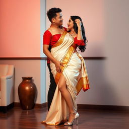 a voluptuous and alluring Thai woman with a captivating figure, dressed in a seductive mekhela chadar featuring a cream, golden, and red color combination, with a striking red blouse, paired with stylish high heels