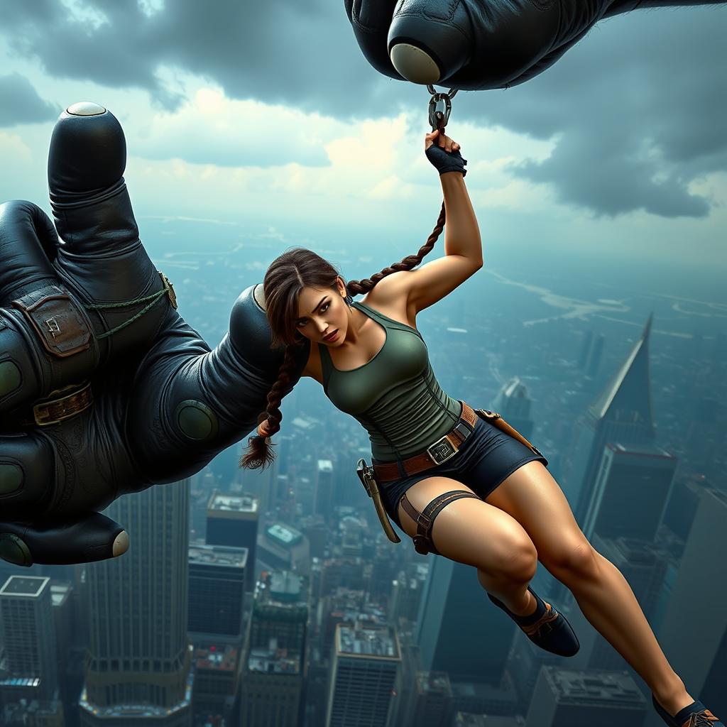 Lara Croft is caught in the giant hand of King Kong, high above the city