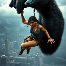 Lara Croft is caught in the giant hand of King Kong, high above the city