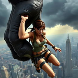 Lara Croft is caught in the giant hand of King Kong, high above the city