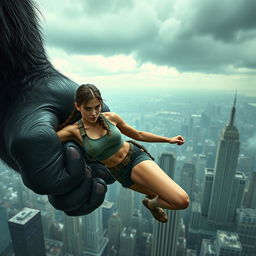 Lara Croft is caught in the giant hand of King Kong, high above the city