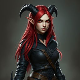 A full-body image of a tiefling rogue female character