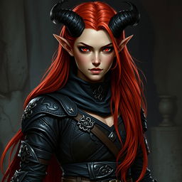 A full-body image of a tiefling rogue female character