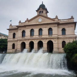 A majestic municipal hall with waves of water beautifully cascading over its historic architecture.