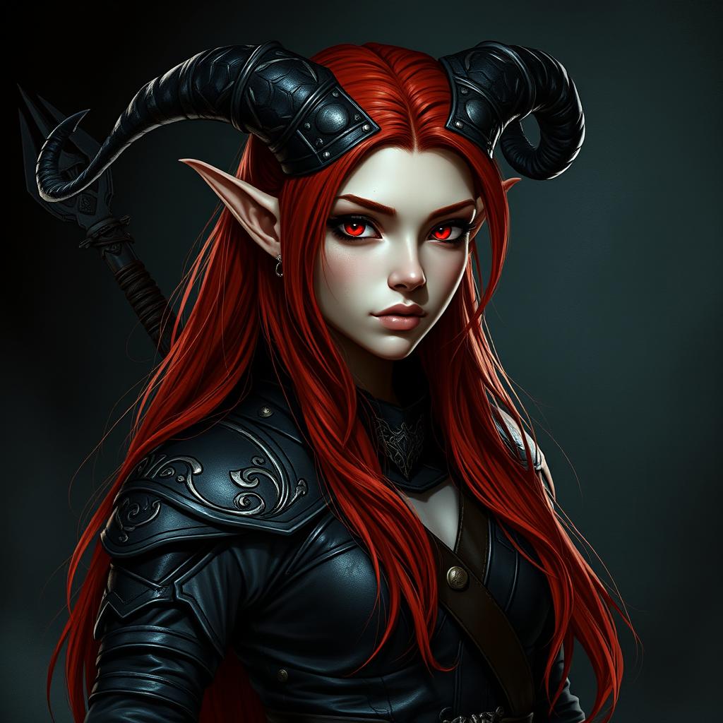 A full-body image of a tiefling rogue female character