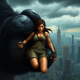 Lara Croft, in her signature adventurer attire, is squeezed in the giant fist of King Kong