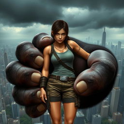 Lara Croft, in her signature adventurer attire, is squeezed in the giant fist of King Kong