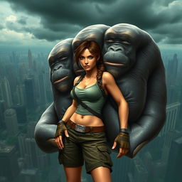 Lara Croft, in her signature adventurer attire, is squeezed in the giant fist of King Kong