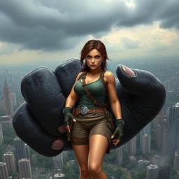 Lara Croft, in her signature adventurer attire, is squeezed in the giant fist of King Kong